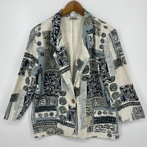 Danielle B‎ Blazer Jacket Women's Size L Gray Cotton Blend Button Boho Geometric